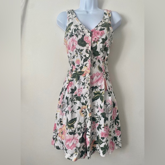 Fads 80’s Floral V-Neck Sleeveless Romper Dress in Pink & Green Coquette Spring - Picture 5 of 7